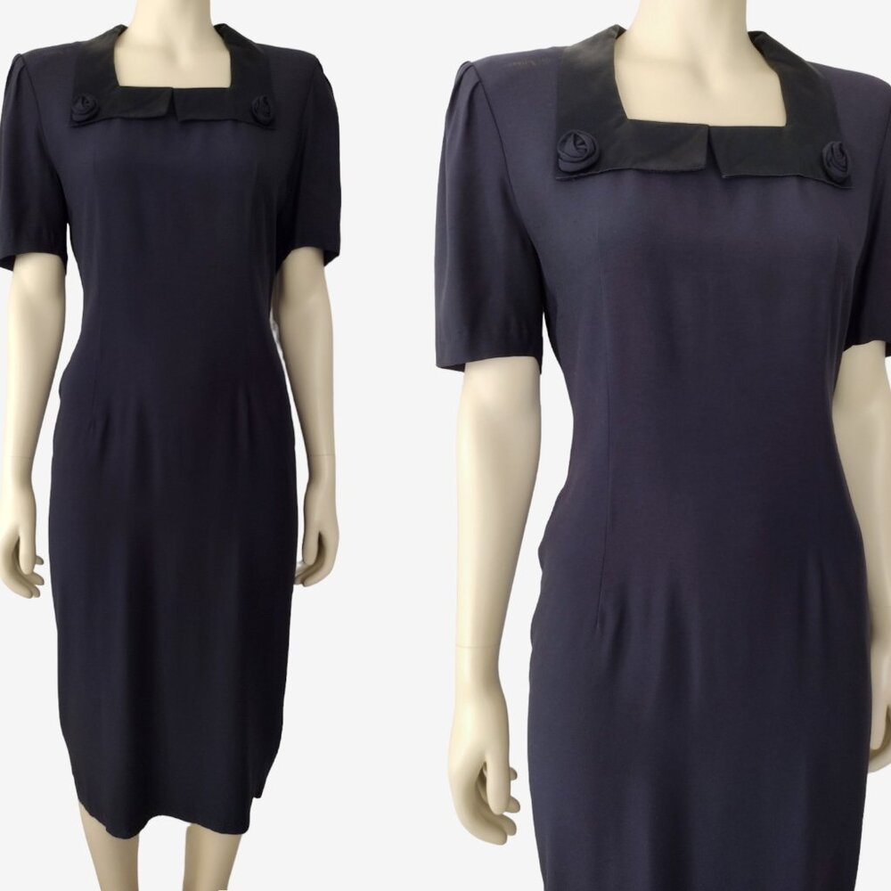 Vintage 1990s Navy Blue Satin Collar Glam Cocktail Midi Sheath Dress